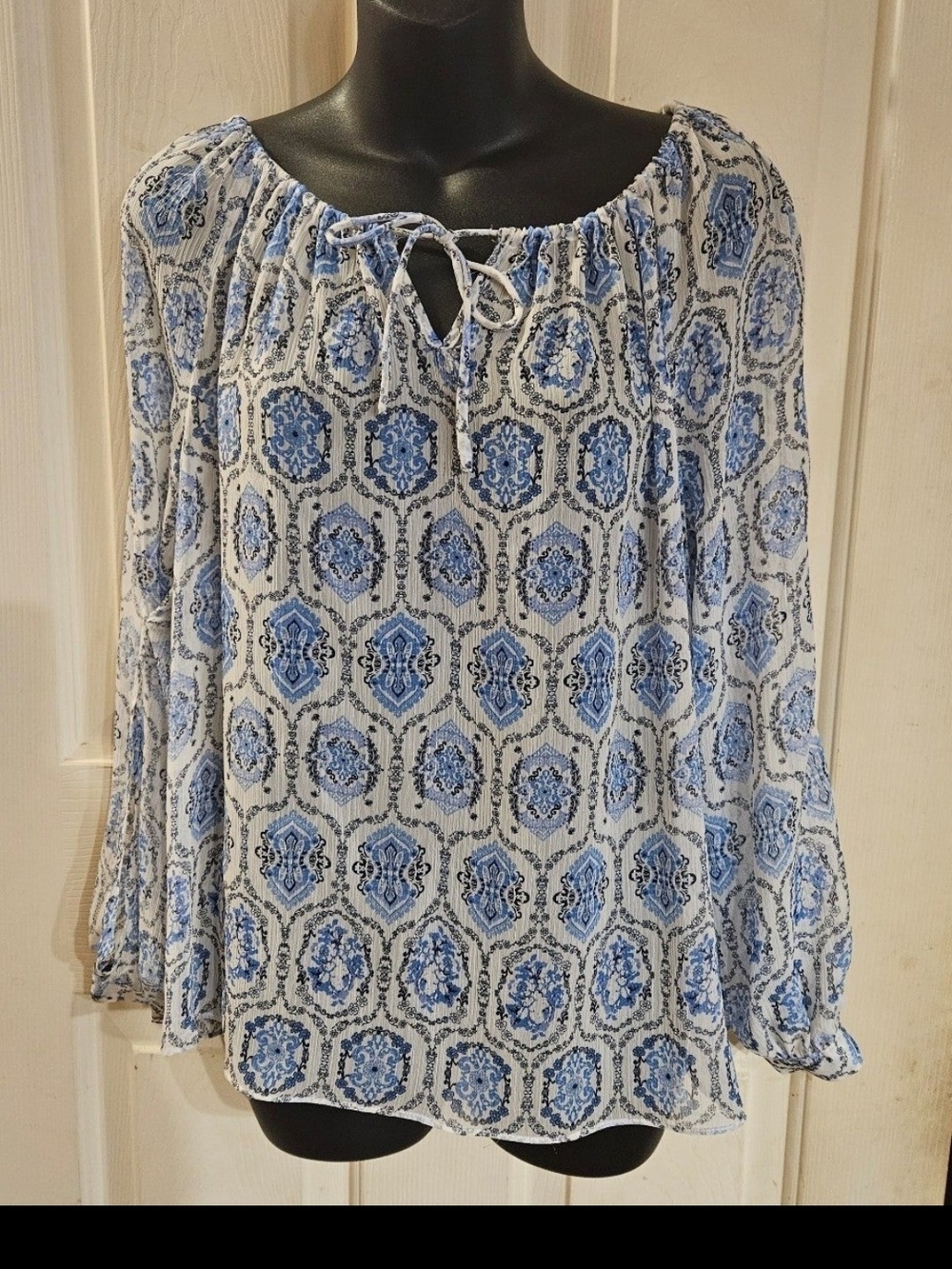 INC International Concepts Blue & White Printed Peasant Tunic